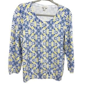 Talbots L Cardigan Sweater Cotton Floral Lemon Novelty Print Button Front